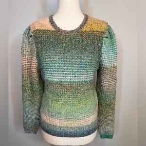 Sz S Broadway 38 ombré rainbow woven sweater puff shoulder cree neck